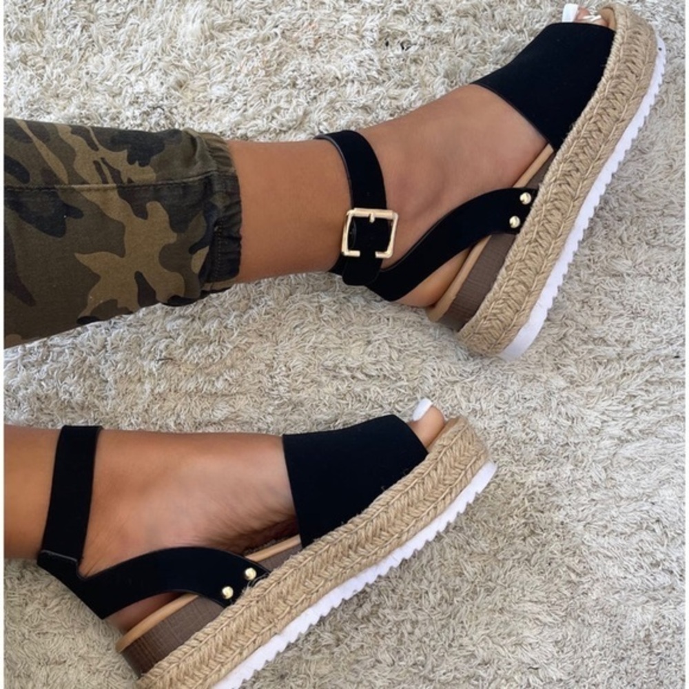 Soda Topic Open Toe Ankle Strap Espadrilles Platform Wedge Casual Sandal Black
